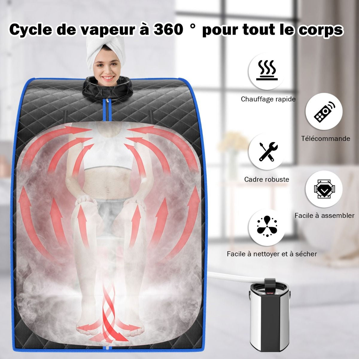 Cabine De Sauna Portable Pliable 3L Avec Télécommande 9 Options De Minuterie Fonction De Vaporisation Puissance 1000 W Noir/Gris/Argent