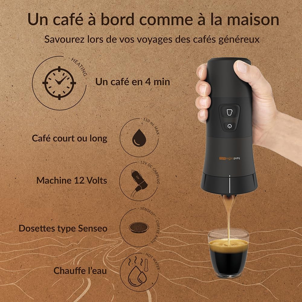 – Handcoffee Auto Set 21002 | Pack Avec Machine a Café/Sac De Transport/Tasse/Serviette | Cafetiere 12V Pour Dosette Senseo - Cafetiere Allume Cigare - Cafetière Voiture, Camping-Car