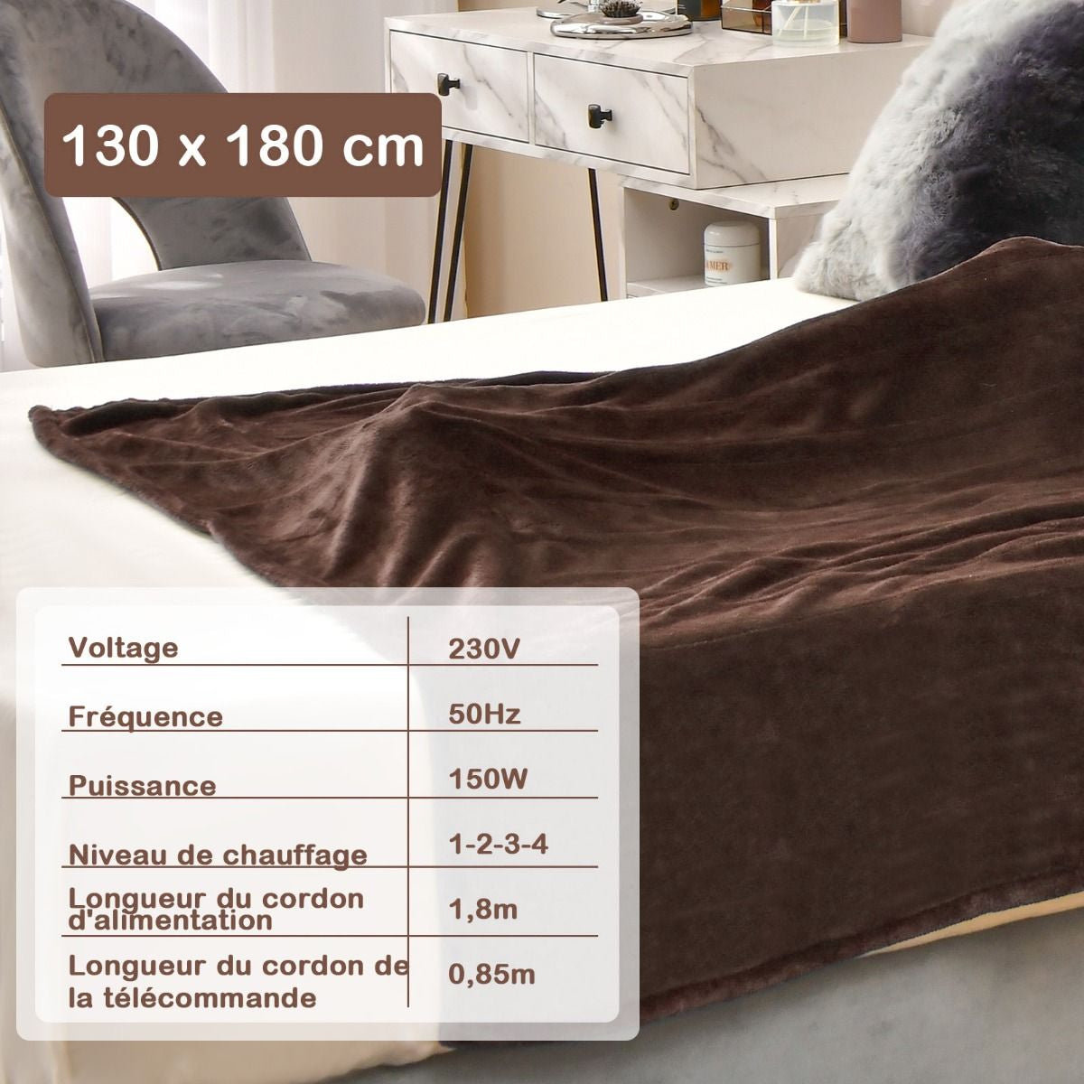 Couverture Chauffante Électrique 130X180Cm 4 Niveaux De Chauffage Télécommande Minuterie D'Arrêt Automatique 8H Couverture En Flanelle 5 Couleurs Au Choix