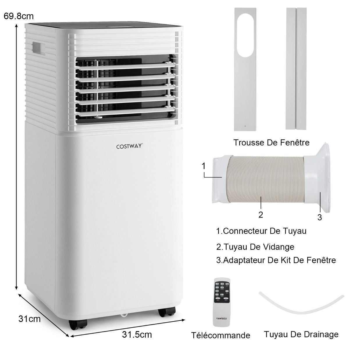 Climatiseur Mobile 4 En 1 Refroidissement Déshumidification Ventilateur 9000BTU 2 Vitesses Mode Veille Minuterie 24 H Blanc/Noir