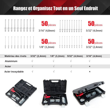Riveteuse Manuelle Avec 200 Rivets Et 4 Outils-Embouts De Rivets Interchangeables À Volonté Avec Étui De Transport