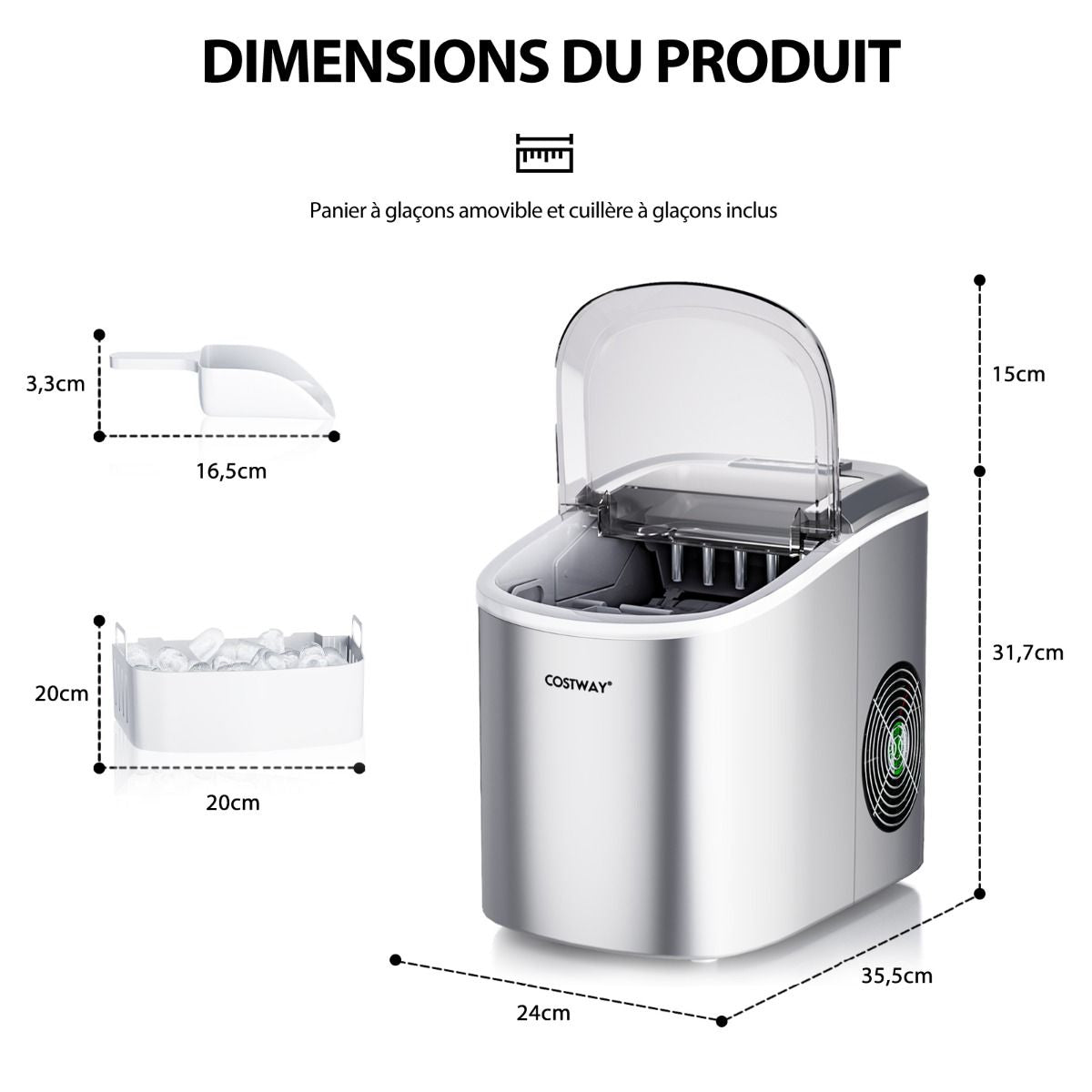 Machine À Glaçons Portable 12 Kg/24H 2 Formats De Glaçons 6-13 Minutes Réservoir D'Eau 2,2 L Avec Pelle Panier Amovible Argenté/Rouge