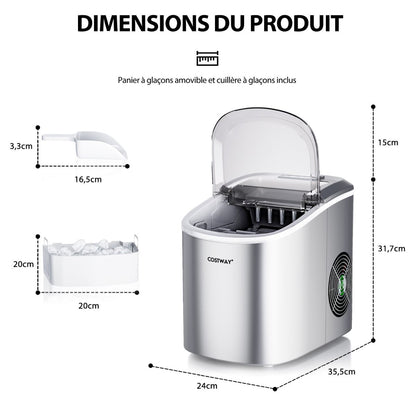 Machine À Glaçons Portable 12 Kg/24H 2 Formats De Glaçons 6-13 Minutes Réservoir D'Eau 2,2 L Avec Pelle Panier Amovible Argenté/Rouge