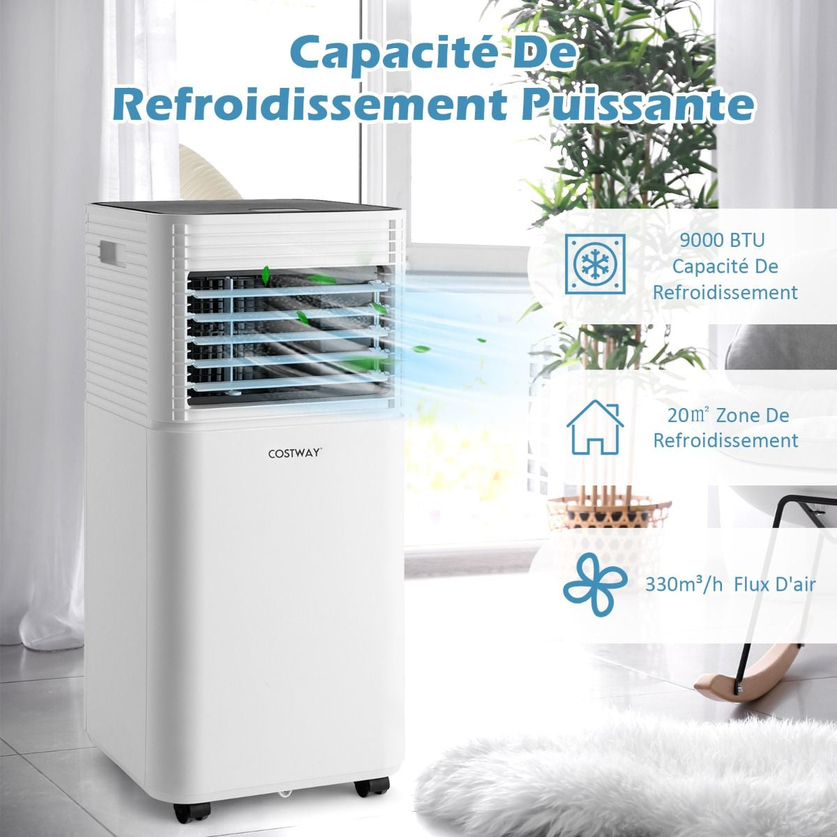 Climatiseur Mobile 4 En 1 Refroidissement Déshumidification Ventilateur 9000BTU 2 Vitesses Mode Veille Minuterie 24 H Blanc/Noir