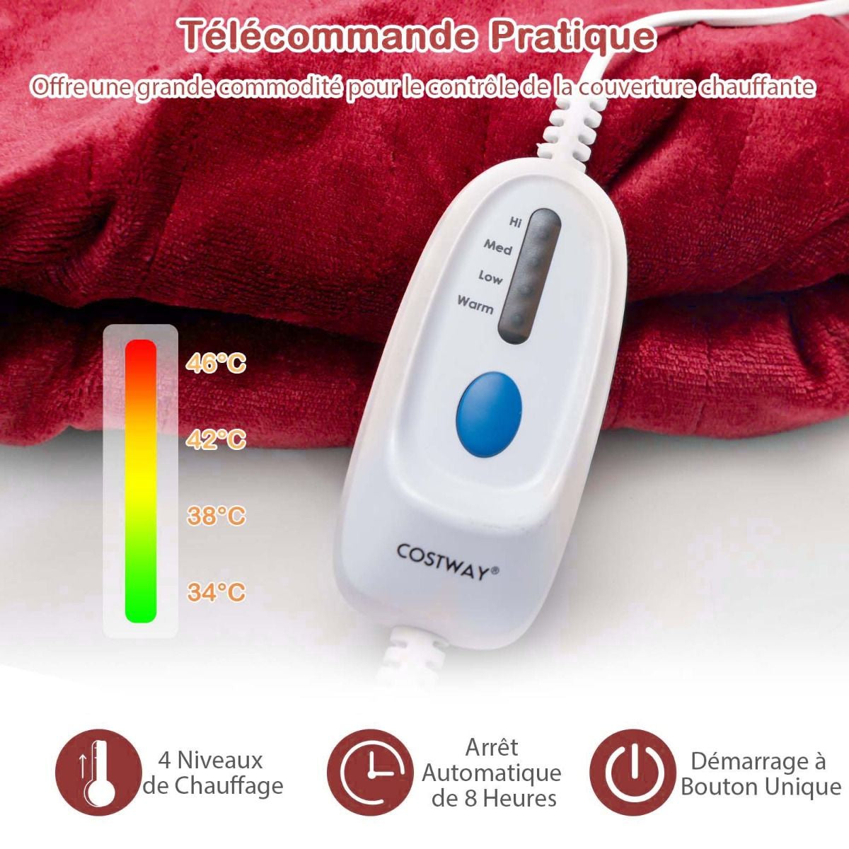 Couverture Chauffante Électrique 130X180Cm 4 Niveaux De Chauffage Télécommande Minuterie D'Arrêt Automatique 8H Couverture En Flanelle 5 Couleurs Au Choix