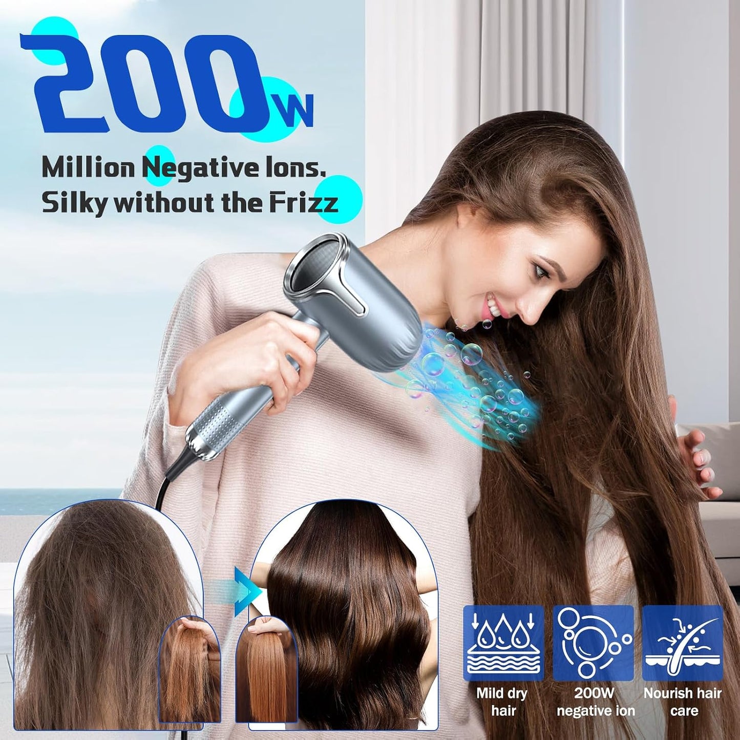 Sèche-Cheveux Ionique Professionnel 2300W, 3 Réglages De Chaleur, Pour La Maison, Le Salon Et Les Voyages - Avec Accessoires