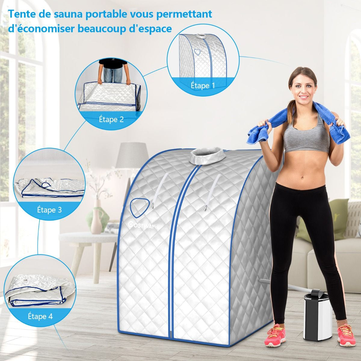 Cabine De Sauna Portable Pliable 3L Avec Télécommande 9 Options De Minuterie Fonction De Vaporisation Puissance 1000 W Noir/Gris/Argent